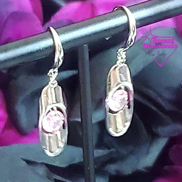 Round Pink Crystal Long Dangle Fishhook Earrings on 925 Silver - Picture 8 of 10